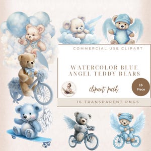 Engel clipart, schattige engel teddybeer, blauwe teddybeer clipart, baby shower clipart, baby engelen clipart, religieuze clipart, kaarten maken