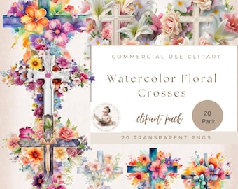 Floral Cross, Cross Clipart PNG, Png Cross, Watercolor Cross, Floral PNG, Crosses Clipart Bundle, Watercolor Cross Clipart, Commercial Use