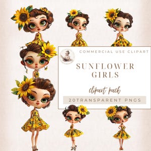 Sunflower Girls Clipart, Floral Girl Clipart, Fashion Doll Clipart, Spring Girl PNG, Commercial Use, Planner Girl Clipart, Digital Crafts