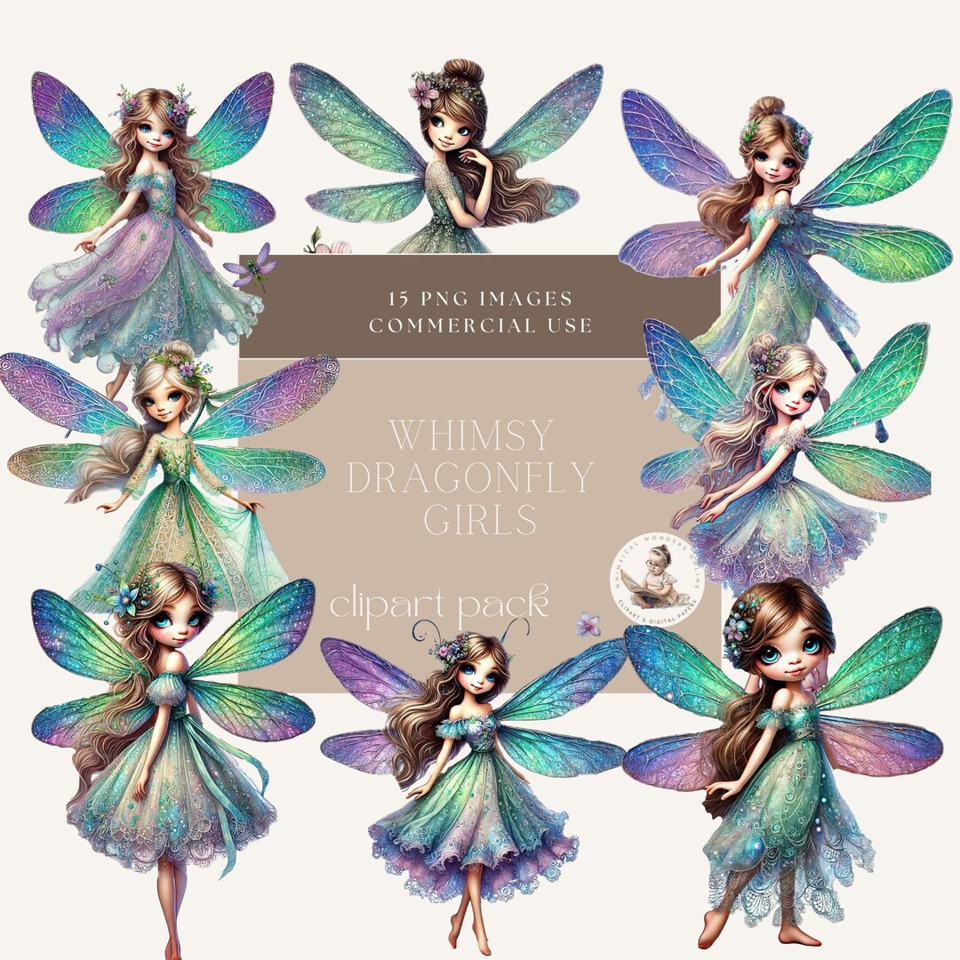 Whimsy Dragonfly Girls, Dragonfly Clipart, Cute Girl Clipart, Whimsical ...