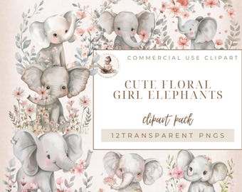 Lindos gráficos de elefantes florales para baby shower, imágenes prediseñadas de elefantes, imágenes prediseñadas de primer cumpleaños, elefantita, uso comercial, manualidades digitales