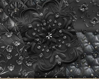 Black Diamanti Embossed Floral Digital Paper, Digital Texture Backgrounds, Wedding Junk Journal, Elegant Floral Backgrounds, Commercial Use