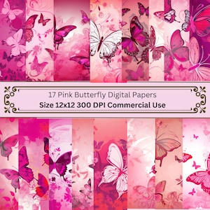 Modèle sans couture papillon rose, motif aquarelle, usage commercial, papier numérique, téléchargement immédiat, papier de scrapbooking, journal indésirable