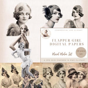 Vintage Women Clipart, Junk Journal Kit,1920 Girls, Flapper Girl Digital Papers, 17 Flapper Girl Elements, 4 Digital Papers, Commercial Use