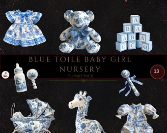 Toile De Jouy Clipart, French Vintage Nursery Elements, Blue Baby Girl Shower, Baby Nursery Clipart, Blue Toile Nursey Images, Digi Craft