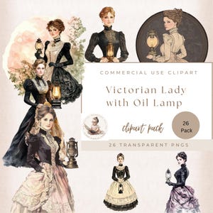 Victoriaanse dame met olielamp clipartbundel, Victoriaanse dame png, commercieel gebruik, kaarten maken, vintage junk Journal, Victoriaanse mode