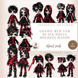 Gothic Girls and Boys Clipart Pack, Dark Red and Black Goth Dolls, Transparent PNGs, Halloween Clipart, Goth Dolls, Creepy Dolls Png,