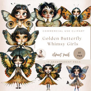 Goldener Garten Schmetterling Mädchen Clipart, Fantasy Clipart, Märchen Junk Journal Grafik, Märchen Grafiken wunderliche Ephemera, kommerzielle Nutzung