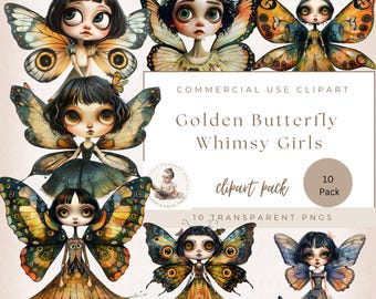 Golden Garden Butterfly Girl Clipart, Fantasy Clipart, Fairytale Junk Journal Graphic, Fairytale Graphics Whimsical Ephemera, Commercial Use