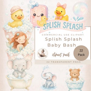 Splish Splash Baby Clipart Bundle, kąpiel z bąbelkami, gumowa kaczuszka, wanna, małe zwierzęta i mydło, pastelowe PNG na baby shower i zaproszenia