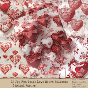 Papeles digitales con globos de corazones de amor en toile rojo, fondo de San Valentín, álbumes de recortes, corazones digitales de San Valentín, uso comercial, manualidades digitales
