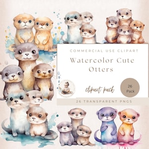 Watercolor Otter Clipart, Baby Otters, Sea Creatures, Watercolor illustrations, Baby Shower, Animal Clipart Commercial Use, Digital Crafts