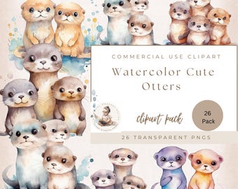 Watercolor Otter Clipart, Baby Otters, Sea Creatures, Watercolor illustrations, Baby Shower, Animal Clipart Commercial Use, Digital Crafts