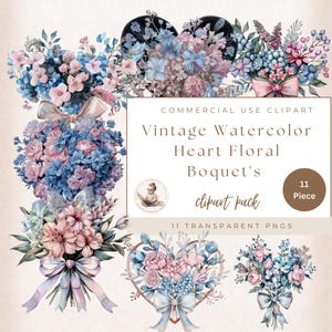 Gráficos de ramos florales con forma de corazón de acuarela vintage, imágenes prediseñadas de flores, imágenes prediseñadas románticas, uso comercial, creación de tarjetas, imágenes prediseñadas de San Valentín