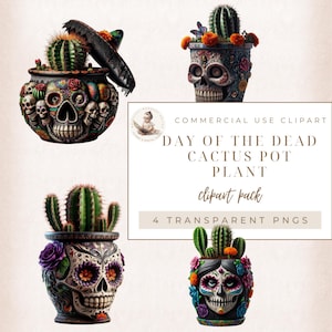 Clipart messicano, La Calavera Catrina, Clipart di vaso di teschio di zucchero, Halloween messicano, pianta in vaso di cactus, clipart di piante domestiche, uso commerciale
