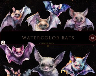 Bat Watercolor Clipart, Sublimation, Bat Wall Art, Bat Prints, Bat Images, Instant Download Commercial Use, Halloween Clipart