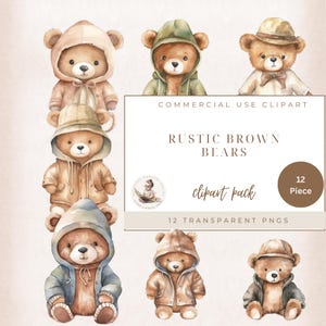 Watercolor Teddy Bears Clipart, Teddy Bear PNG, Commercial Use, Kawaii Teddy Bear Clipart, Baby Shower Clipart, Card Making, Nursery Decor