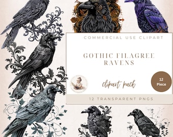 Raaf clipart, gotische filagree raaf vogels illustratie, zwarte kraaien graphics, donkere fantasie clipart, Halloween clipart, png vogel clipart