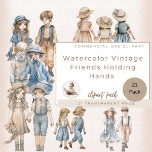 Vintage Kinder Clipart, Aquarell Freunde, Haltehand Clipart, Bester Freund Clipart, Valentinstag Clipart, viktorianischen Clipart