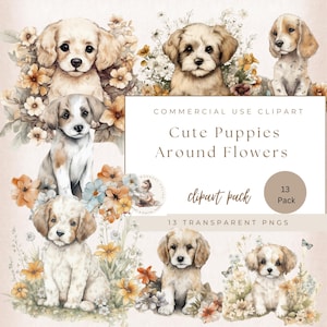 Pacote de clipart de filhotes de cachorro florais em aquarela, gráficos de filhotes, sublimação de filhotes, PNG de filhotes, imagens digitais de cães florais, uso comercial, clipart de cães.