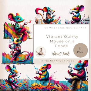 Mouse Teatime Clipart, Transparent PNG, Colorful Quirky Mouse Graphics, Whimsical Mouse on the Fence Clipart, Commercial Use, Graffiti Art