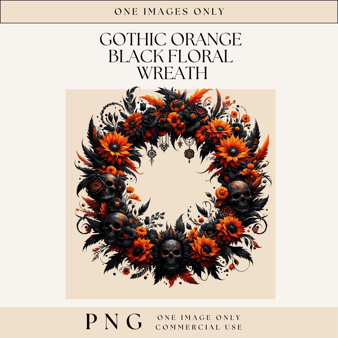 Gothic Floral Wreath Clipart, Dark Moody Colors, Orange and Black Skull ...