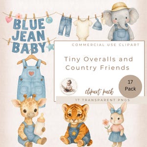 Clipart per baby shower in jeans blu, stendibiancheria per neonati, animali in denim, salopette, orsetto, elefante e coniglietto PNG, decorazioni per baby shower per bambini e bambine
