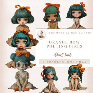 Clipart de niña con lazo naranja, niña triste, clipart de niña vintage, PNG transparente, diario basura caprichoso, material efímero de moda, uso comercial