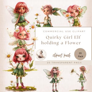 Könnte beinhalten: Ein digitales Clipart-Paket mit 20 skurrilen Mädchen-Elfen-Illustrationen, die Blumen halten. Jede Elfe hat rosa Haare, grüne Kleidung und Feenflügel. Die Illustrationen sind im Cartoon-Stil gehalten und perfekt, um Ihren Projekten einen Hauch von Magie zu verleihen.
