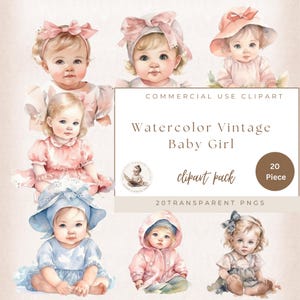 Bambina vintage, clipart acquerello, neonato, baby shower, rivelazione del sesso, raccolta di clipart per cameretta, uso commerciale, bambina vintage