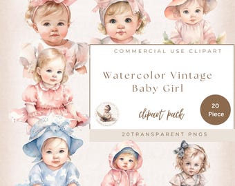 Vintage Baby Girl, Watercolor Clipart, Newborn Baby, Baby Shower, Gender Reveal, Nursery Clipart Bundle, Commercial Use, Baby Girl Vintage