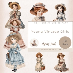 Clipart filles victoriennes, chapeaux vintage victoriens, créations manuelles numériques à usage Commercial, clipart bébé fille, fabrication de cartes, clipart mode