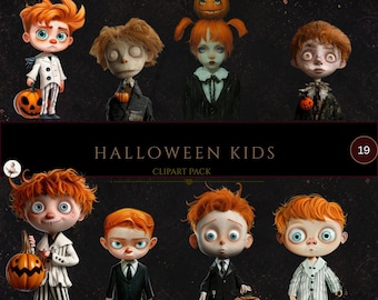 Halloween-barn-clip art clipart-paket, transparent PNG, udda Halloween-barngrafik, skräpjournal Halloween-nyckfulla barnkaraktärer,