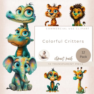 Clipart animaux de la jungle insolites, animaux de safari colorés, zèbre, éléphant, lion, tigre, cabane dans les arbres et paon PNG pour décoration de chambre d'enfants et d'enfants