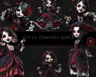 Niñas vampiro, imágenes prediseñadas de Halloween, gráficos de niñas vampiro, fondos transparentes, imágenes prediseñadas de moda, uso comercial, manualidades digitales