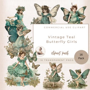 Vintage Teal Schmetterling Mädchen Clipart, Schmetterling Clipart, Frühling Clipart, Vintage Clipart, kommerzielle Nutzung, Fee Clipart, Garten Clipart