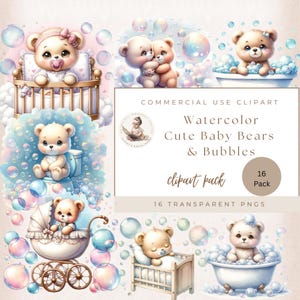 Niedliches Bären-Clipart-Bundle, Baby-Bär PNG, Bär & Blasen, Dschungeltiere, Safari-Kinderzimmer-Dekor, Baby-Dusche, kommerzielle Nutzung, Aquarell Bär,