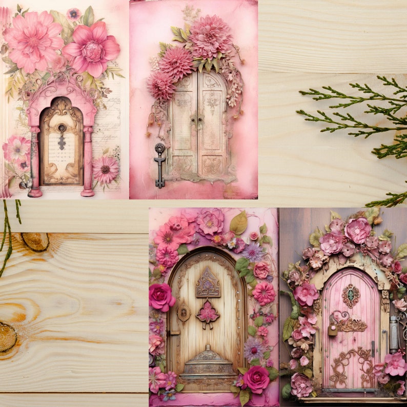 Junk Journal Printable, Wooden Doors, Pink Fairy Doors, Vintage Journal ...