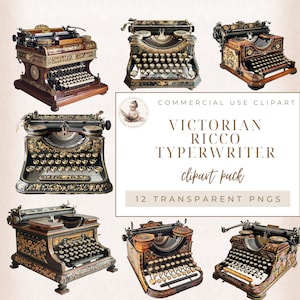 May include: A set of 12 vintage-style typewriter clipart images. The typewriters are ornate and feature intricate details, including floral designs and gold accents. The typewriters are all in various shades of brown, black, and gold. The image includes the text "Victorian Ricco Typewriter clipart pack 12 Transparent PNGs".