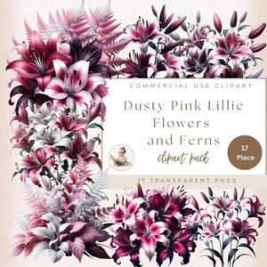 Mat Rose Gold Lillie Floral Clipart, Hojas de Helecho Rosa, Imágenes Prediseñadas de Boda, Imágenes Prediseñadas de Flores, Imágenes Prediseñadas de Aniversario, Uso Comercial, Fabricación de Tarjetas