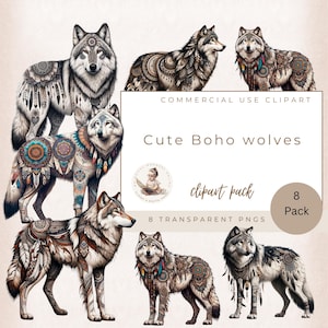 Wolf Clipart, Tribal Wolf Clipart, Boho Wolf Images. Animal Clipart, Mystical Wolf, Scrapbook Images, Digital Crafting, Commercial Use