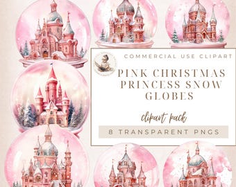 Christmas Pink Princess Castle Snow Globe Clipart, Christmas Clipart, Christmas Decoration Clipart, Christmas Junk Journal, Commercial Use