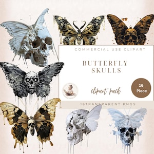 Schädel Schmetterling Clipart Pack, transparente PNG, Halloween Schmetterling, Schädel Clip Art, Schädel Grafiken, Schmetterling Junk Journal, Gothic Clipart