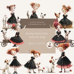 Fille de ferme insolite lunatique avec son chien, clipart fille de ferme, clipart fantaisiste, clipart original, usage commercial, clipart chat et chien