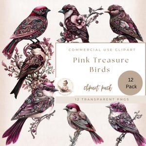 Joli clipart rose d'oiseaux au trésor, oiseaux mignons, clipart au trésor d'oiseaux, Png transparent, usage commercial, fabrication de cartes, Clipart romance, mariage