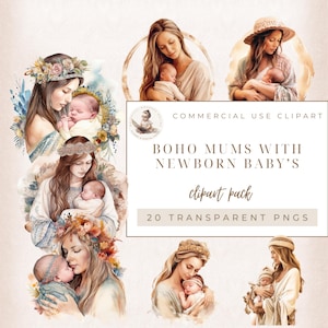 Watercolor Boho Mother and a baby Shower Clipart, Welcome Baby Bundle Digital Clip Art, Newborn Nursery PNG, Beige Boho Set, Commercial Use