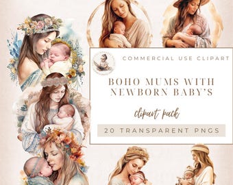 Watercolor Boho Mother and a baby Shower Clipart, Welcome Baby Bundle Digital Clip Art, Newborn Nursery PNG, Beige Boho Set, Commercial Use