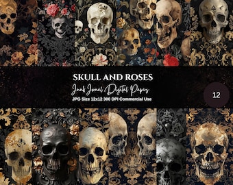 Skull Digital Papers Pack, Dark Academia, Scrapbook Paper, Gothic Floral, Gothic Backgrounds, Vintage Skull, Commercial Use, Digital Crafts