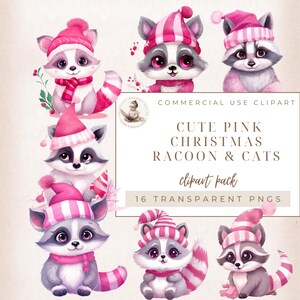 Cute Baby Racoons Clipart, Racoon Clipart, Pink Christmas Clipart, Commercial Use, Card Making, Baby Shower, First Birthday Clipart, 300 DPI
