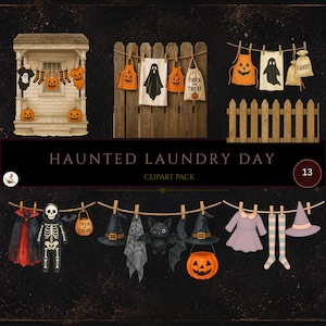 以下が含まれることがあります： 「Haunted Laundry Day」と題されたデジタルクリップアートコレクション。ハロウィーンをテーマにした衣類、衣装、アクセサリーのイラストが物干しロープに吊るされており、カボチャ、幽霊、骸骨、魔女の帽子、コウモリなどが暗い背景に描かれています。